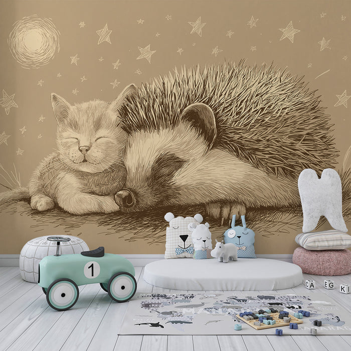 Papier peint chambre bébé | Chaton et hérisson endormis sous les étoiles