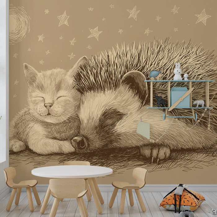 Papier peint chambre bébé | Chaton et hérisson endormis sous les étoiles