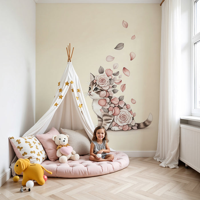 Papier peint chambre bébé | Chaton floral avec pétales délicats