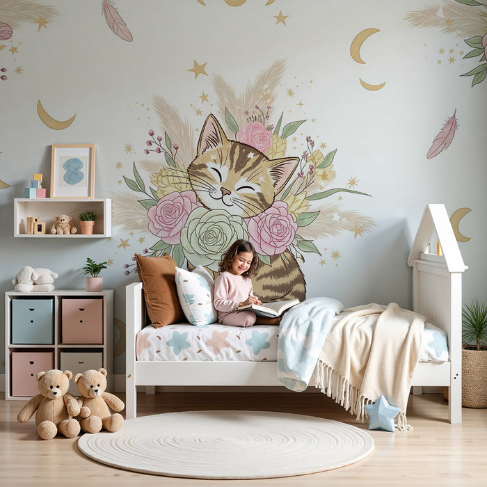 Barntapet | Glada kattungar omgivna av blommor och stjärnor