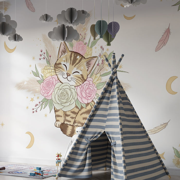 Barntapet | Glada kattungar omgivna av blommor och stjärnor