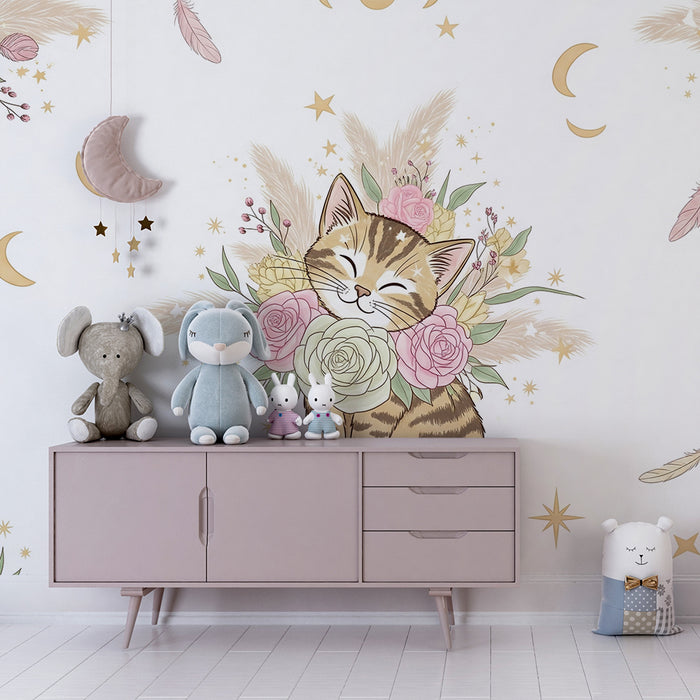 Barntapet | Glada kattungar omgivna av blommor och stjärnor