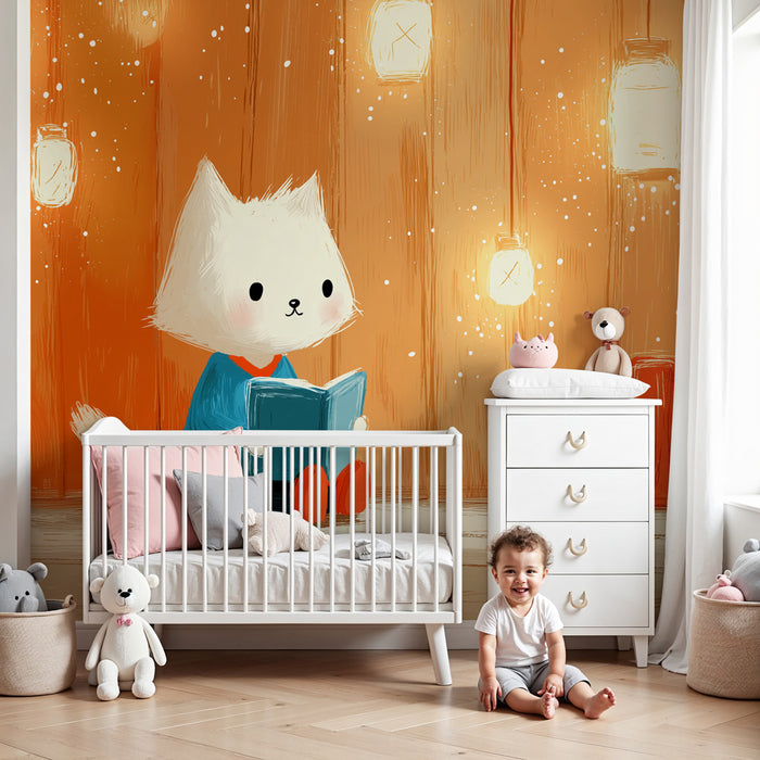 Papel pintado infantil | Gatito leyendo bajo linternas