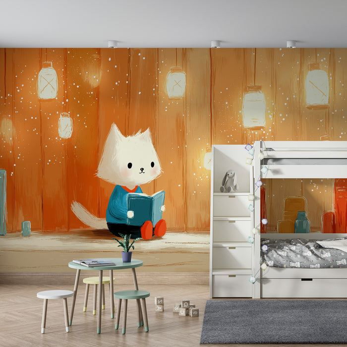 Papel pintado infantil | Gatito leyendo bajo linternas