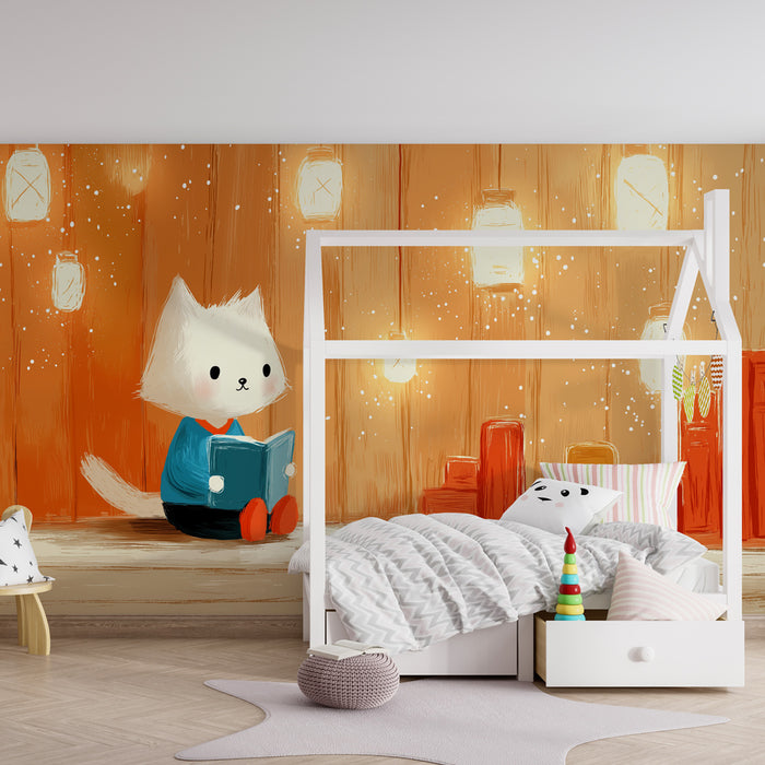 Papel pintado infantil | Gatito leyendo bajo linternas