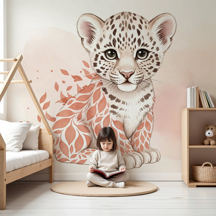 Papier peint chambre bébé | Chaton léopard artistique avec motifs floraux