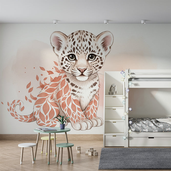Papier peint chambre bébé | Chaton léopard artistique avec motifs floraux