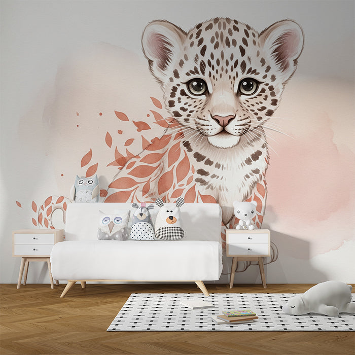 Papier peint chambre bébé | Chaton léopard artistique avec motifs floraux