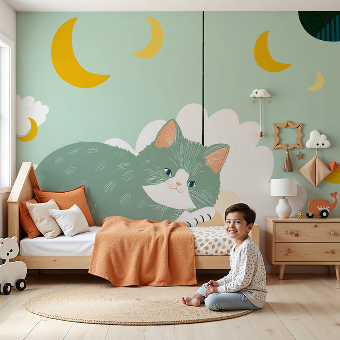 Nursery room wallpaper | Peaceful kitten on a cloud with golden moons