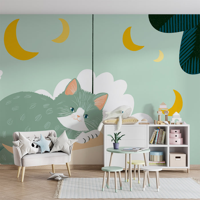 Nursery room wallpaper | Peaceful kitten on a cloud with golden moons