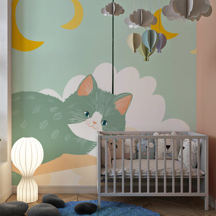 Nursery room wallpaper | Peaceful kitten on a cloud with golden moons