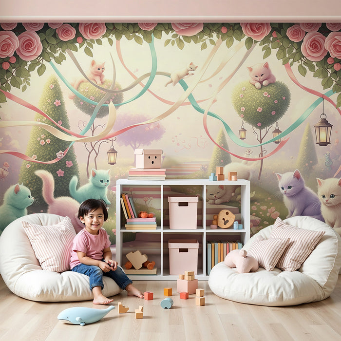 Papier peint chambre bébé | Chatons mignons dans un jardin fleuri avec des roses et des rubans colorés