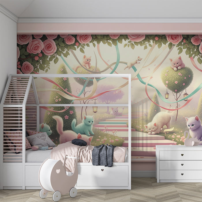 Papier peint chambre bébé | Chatons mignons dans un jardin fleuri avec des roses et des rubans colorés