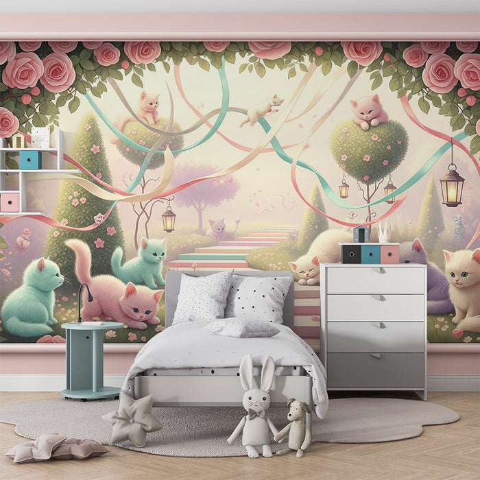 Papier peint chambre bébé | Chatons mignons dans un jardin fleuri avec des roses et des rubans colorés