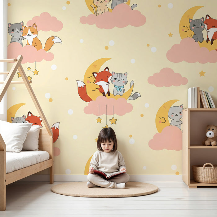 Papier peint chambre bébé | Chats et renards mignons sur des nuages roses