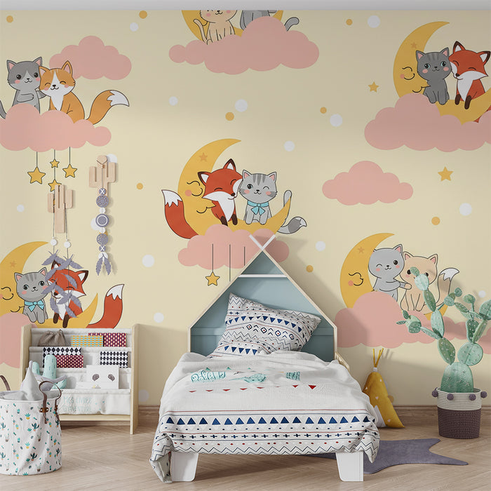 Papier peint chambre bébé | Chats et renards mignons sur des nuages roses
