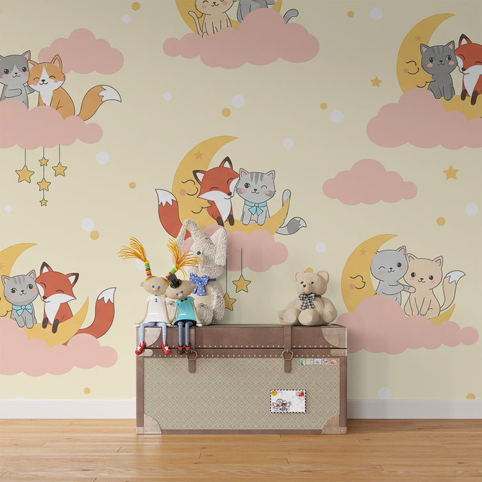 Papier peint chambre bébé | Chats et renards mignons sur des nuages roses