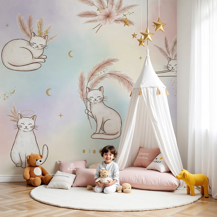 Barntapet | Söta katter på pastellfärgad bakgrund med blommiga element