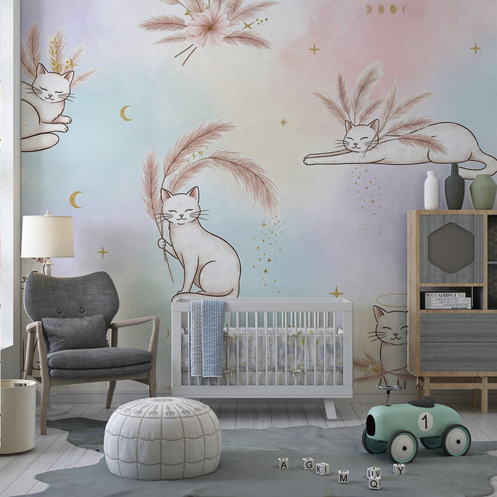 Barntapet | Söta katter på pastellfärgad bakgrund med blommiga element