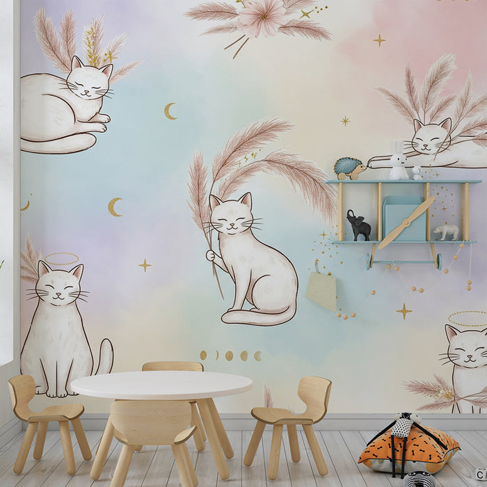 Barntapet | Söta katter på pastellfärgad bakgrund med blommiga element