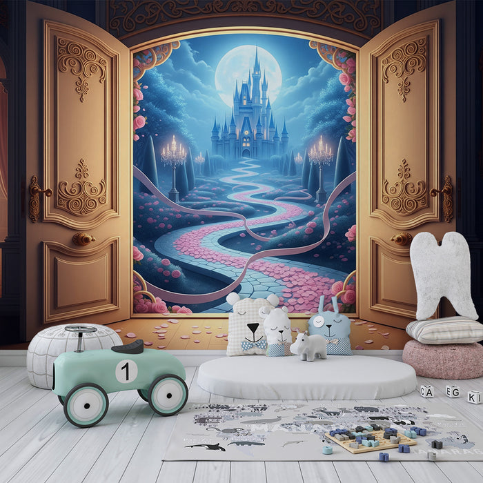 Papel de parede para quarto de bebé | Caminho de fadas para um castelo encantado sob o luar