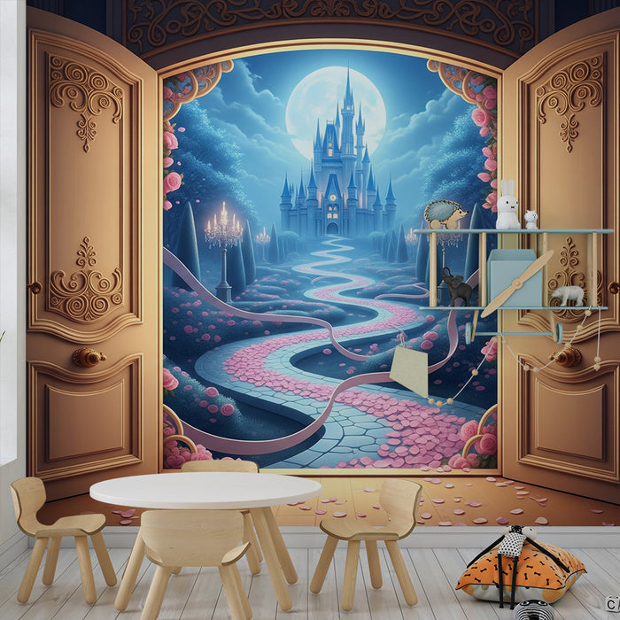 Papel de parede para quarto de bebé | Caminho de fadas para um castelo encantado sob o luar