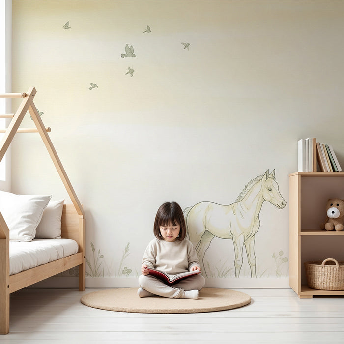Papier peint chambre bébé | Cheval blanc dans un paysage doux avec des oiseaux