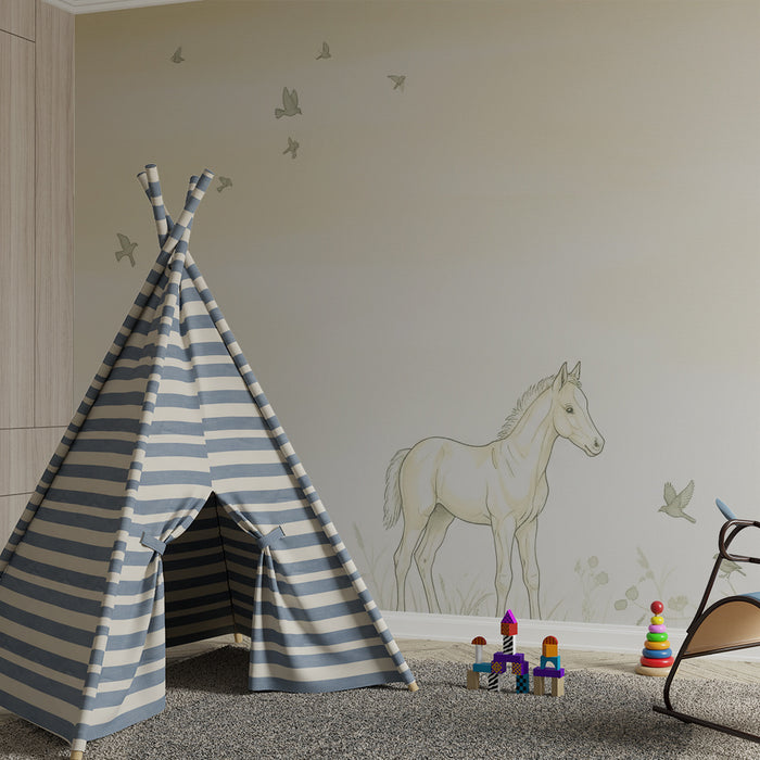 Papier peint chambre bébé | Cheval blanc dans un paysage doux avec des oiseaux