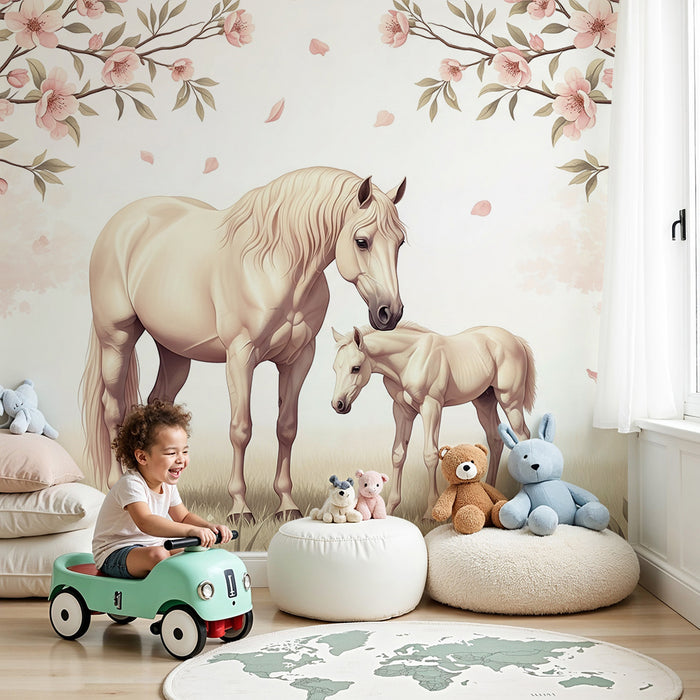 Papier peint chambre bébé | Chevaux majestueux sous les cerisiers en fleurs