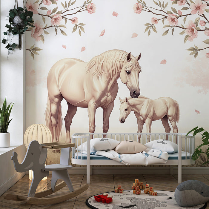 Papier peint chambre bébé | Chevaux majestueux sous les cerisiers en fleurs