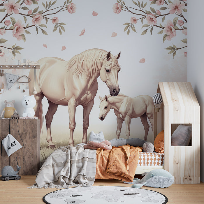 Papier peint chambre bébé | Chevaux majestueux sous les cerisiers en fleurs