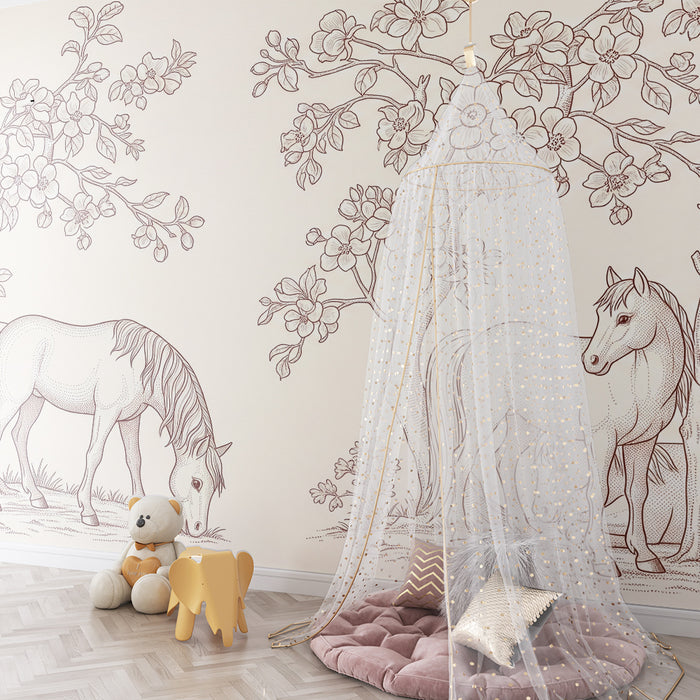 **Børnetapet | Fredelige heste under blomster**