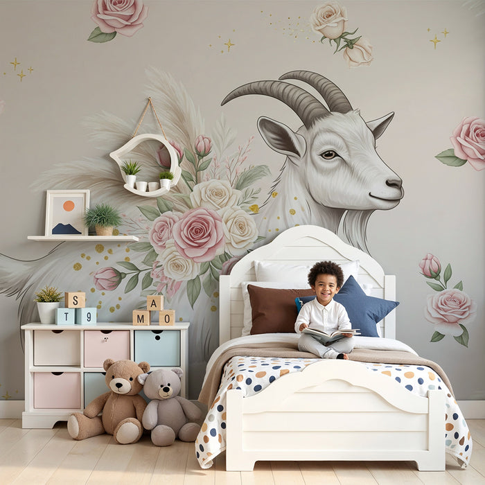 Lastenhuoneen tapetti | Elegantti vuohi, jossa on koristeena vaaleanpunaisia ja kultaisia kukkia