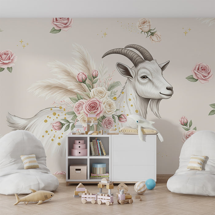 Lastenhuoneen tapetti | Elegantti vuohi, jossa on koristeena vaaleanpunaisia ja kultaisia kukkia