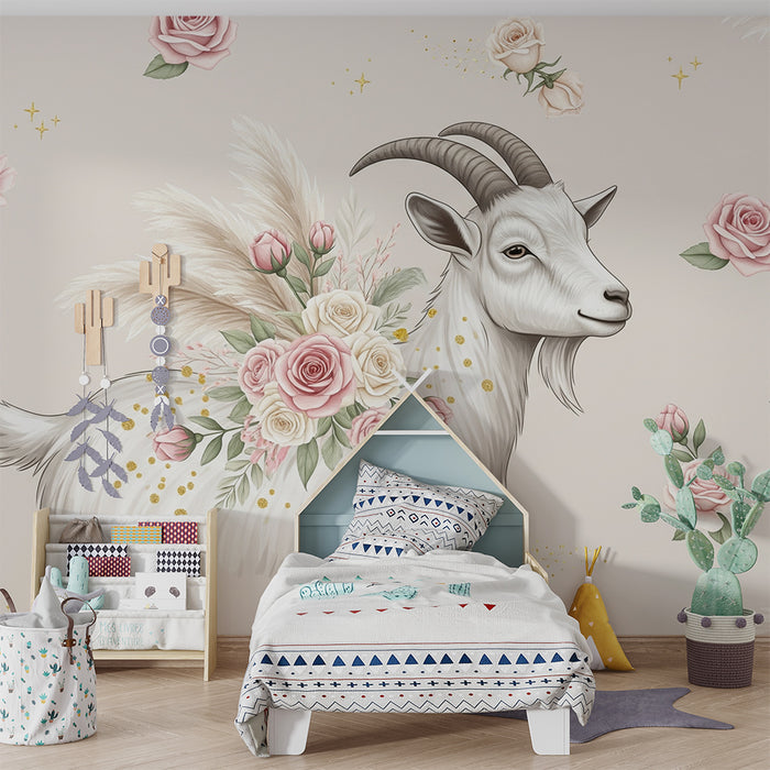Lastenhuoneen tapetti | Elegantti vuohi, jossa on koristeena vaaleanpunaisia ja kultaisia kukkia