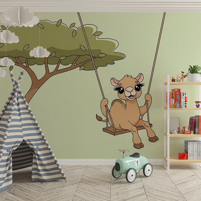 Papier peint chambre bébé | Chèvre joyeuse sur une balançoire sous un arbre
