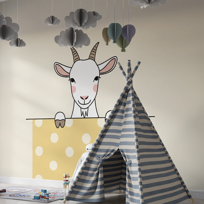 Papier peint chambre bébé | Chèvre mignonne avec un fond à pois jaunes