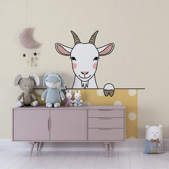 Papier peint chambre bébé | Chèvre mignonne avec un fond à pois jaunes