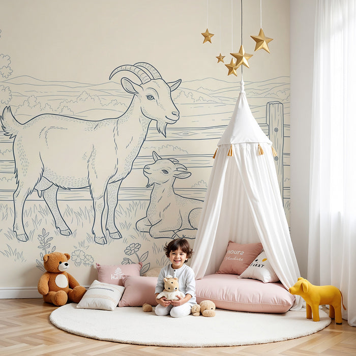Papier peint chambre bébé | Chèvres et fleurs dans un paysage pastoral