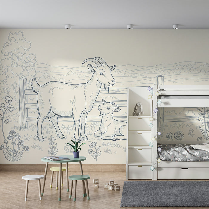 Papier peint chambre bébé | Chèvres et fleurs dans un paysage pastoral