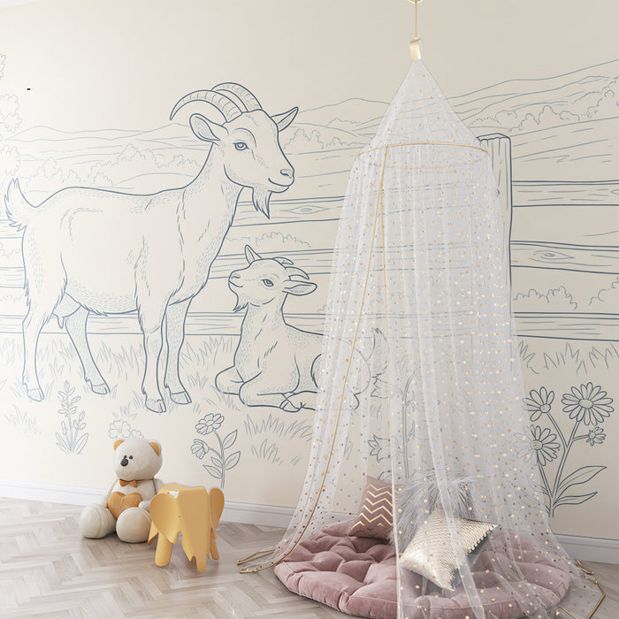 Papier peint chambre bébé | Chèvres et fleurs dans un paysage pastoral