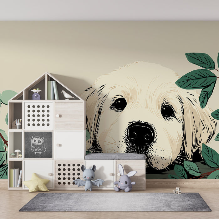 Papier peint chambre bébé | Chien câlin au milieu de la nature