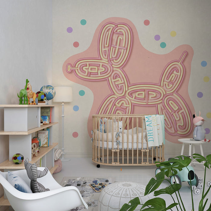 Babyzimmer Tapete | Hund in buntem Ballon auf pastellfarbenem Hintergrund