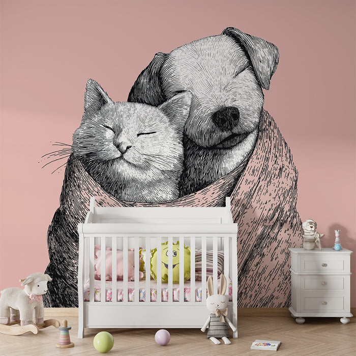Papel de parede quarto bebê | Куче и котка се прегръщат в мек завивка