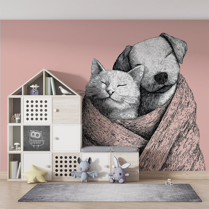 Papel de parede quarto bebê | Куче и котка се прегръщат в мек завивка