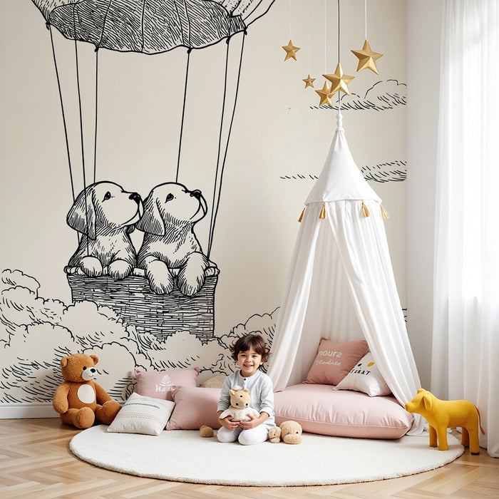 Papel pintado infantil | Perro volador en globo aerostático