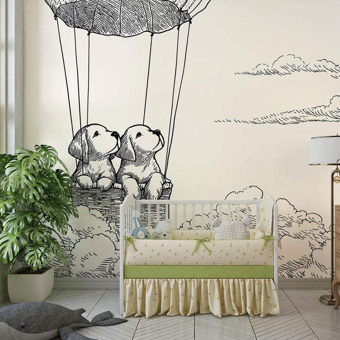 Papel pintado infantil | Perro volador en globo aerostático