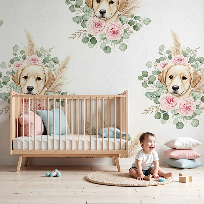 Barntapet | Bedårande hundar med rosor och mjuka löv