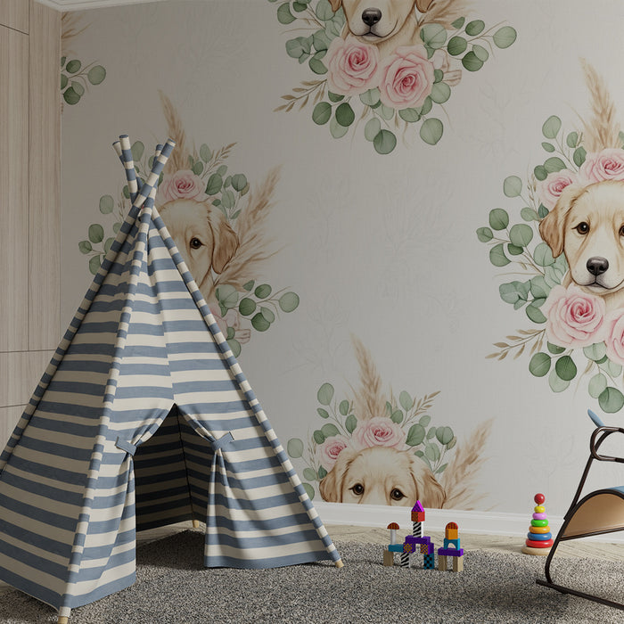 Barntapet | Bedårande hundar med rosor och mjuka löv