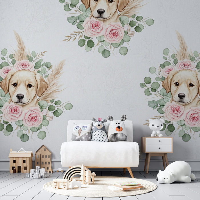 Barntapet | Bedårande hundar med rosor och mjuka löv